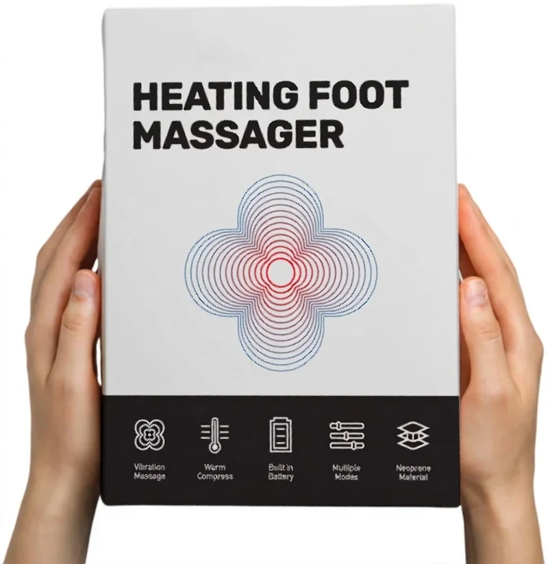 Two hands holding the Stepeva foot massager box against a white background