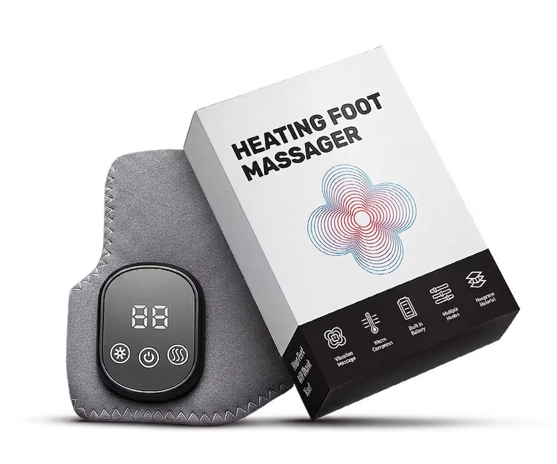 Gray neoprene Stepeva foot massager with its black control module, sitting next to its box